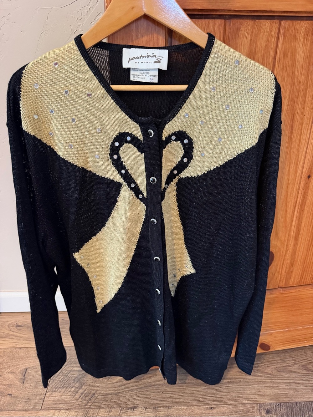 Vintage Patrizia by Mondi Black & Gold Rhinestone Bow Cardigan Sweater XXL 16